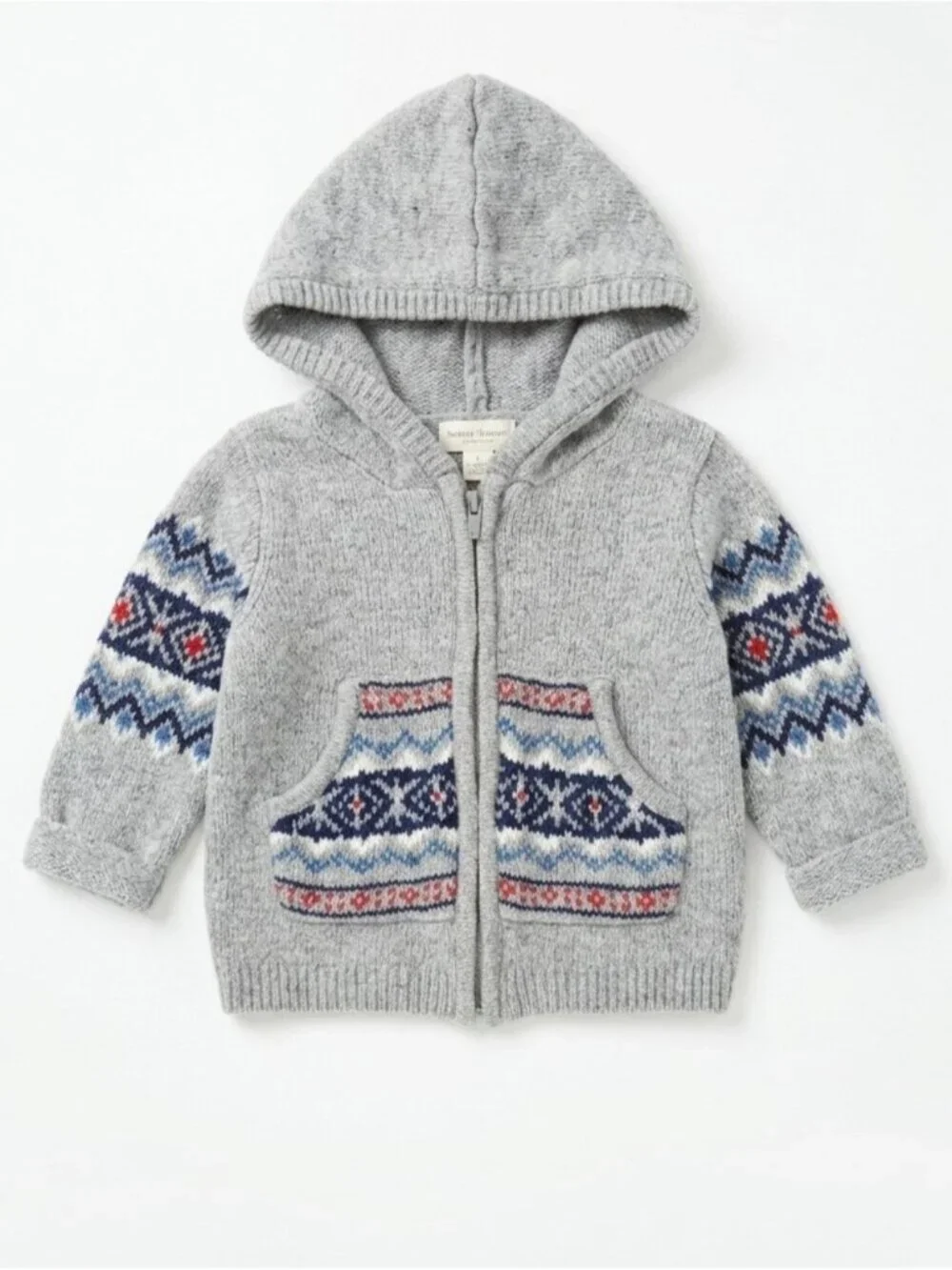 Baby Bgosh Gray Fair Isle Knit Hooded Cardigan Sweater Boys Size 0-3M Unisex